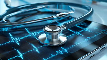Modern medical stethoscope resting on a digital tablet displaying a vibrant blue electrocardiogram heartbeat waveform