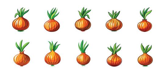 Onion vector illustration. onion vegetable isolated on a white background. Onion vector icon set. Yellow Onion with Green Sprouts on White Background