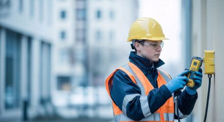 Woman technician operates gas leak detector for safety inspection. Worker conducts industrial maintenance on gas equipment.