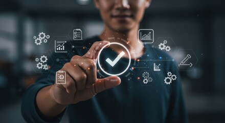 Young Asian Man Interacting with Holographic Interface, Data Analytics Concept