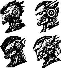Minimalist mecha head vector in black and white, clean lines, robotic design, bold style