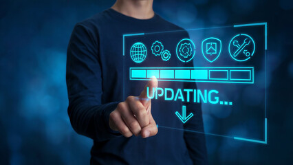 Person touching a futuristic digital screen displaying a progress bar and icons indicating software update and system maintenance