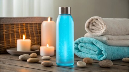 Close-up of a stylish blue water bottle, serving as a focal point in a peaceful spa or meditation setup
