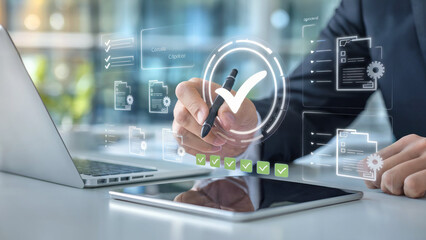 Businessman interacting with futuristic holographic interface for project management and task completion with digital checklist and approval process