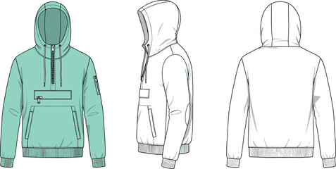 Half-zip hooded sweatshirt front side back, cad drawing flat vector illustration, chest zip pocket, ribbed cuffs, kangaroo pouch sketch © Bokul Creatives