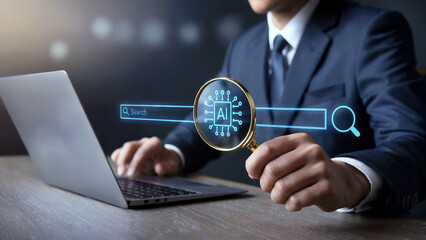 Businessman examining artificial intelligence chip with magnifying glass over digital search bar on laptop screen