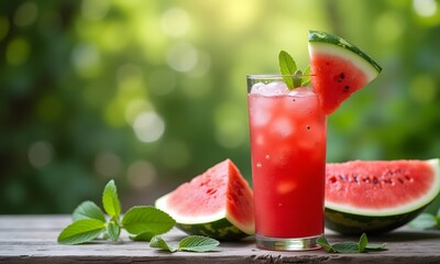 Fresh Watermelon Juice with Ice and Mint Garnish on Rustic Wooden Surface
