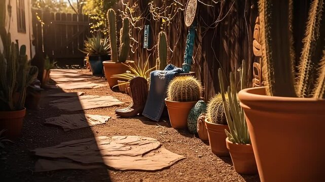 Rustic Southwest Desert Garden Path Cowboy Boots Potted Cactus