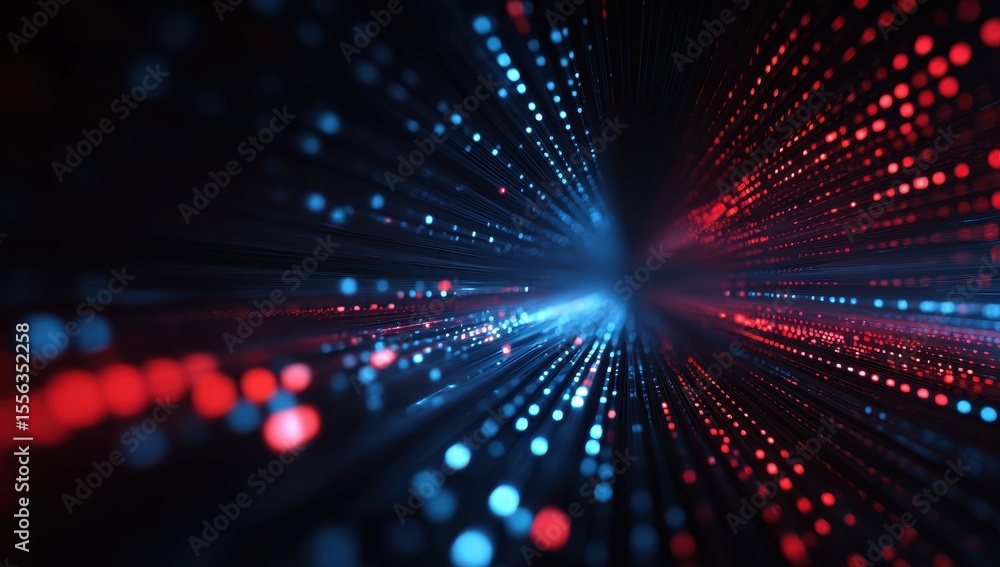 Poster a stream of red and blue dots converge in the center creating depth in darkness