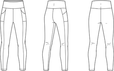 High-waist pocket leggings front side back, cad drawing flat vector illustration, activewear technical sketch, fashion garment template with seam detail