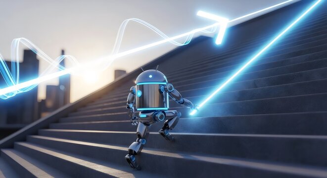 Robot climbs stairs toward glowing arrow