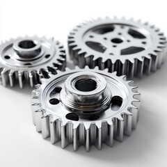 Close-up view of shiny chrome gears for mechanical engineering.