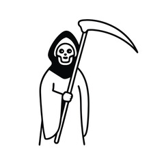 Mysterious grim reaper figure with a large curved scythe depicted in a classic dark and iconic halloween or death themed illustration style