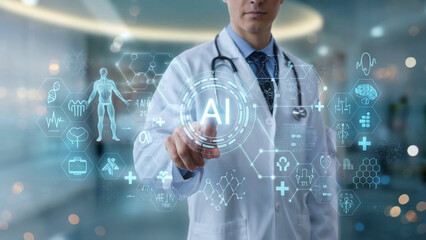 Doctor interacts with futuristic holographic medical interface displaying ai technology and health data icons