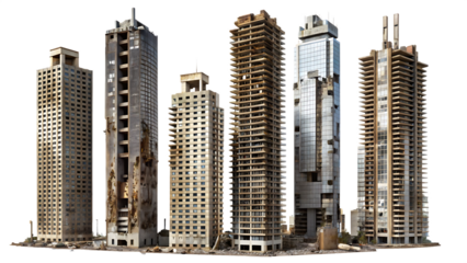 Collection of six damaged concrete and glass skyscrapers in various states of disrepair isolated on a transparent background