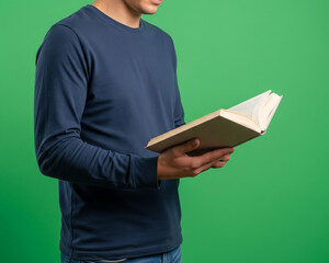 Person Holding Open Book With Green Screen Background
