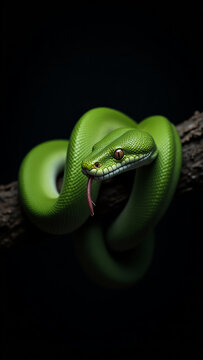 green snake on black background