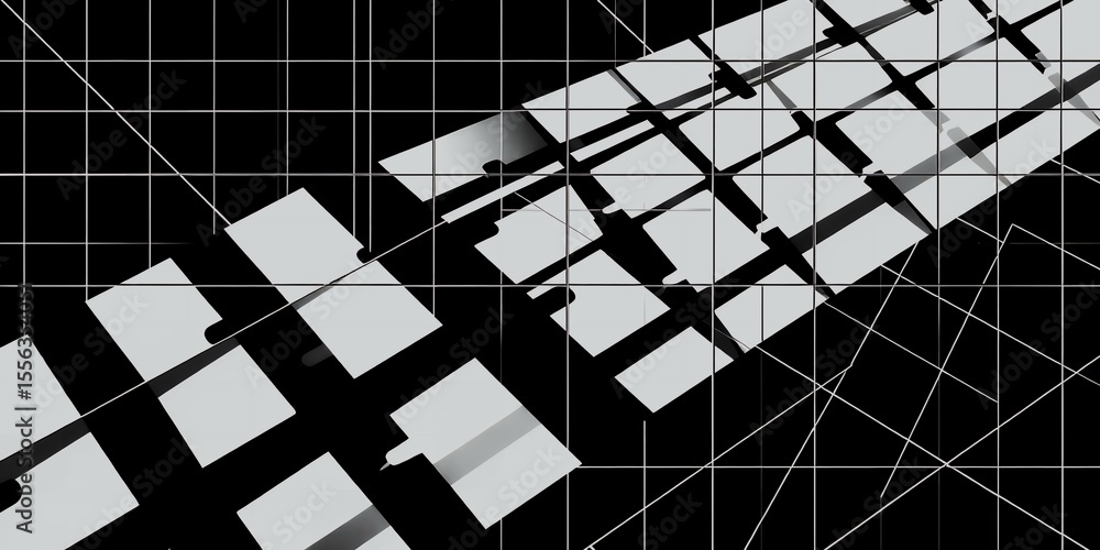 Poster abstract monochrome pattern featuring white squares and intersecting lines on black background
