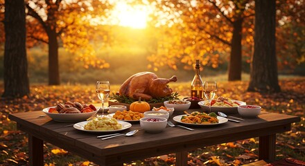 A realistic fall outdoor Thanksgiving picnic scene with a table set under colorful trees, full meal served with wine and dessert, golden hour lighting, festive and serene, 
