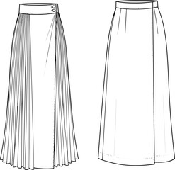 Long pleated maxi skirt fashion flat sketch, side button waistband design, front and back technical illustration, vector outline, CAD drawing for apparel design