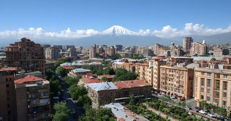 Obraz premium The city in the background, which has snow on its peak. The buildings and streets have red roofs. In some places,