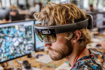 A man wearing augmented reality glasses on a monitor background