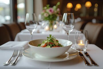 elegant fine dining table with gourmet salad, wine glasses, candles and bokeh lighting ambiance perfect for romantic upscale restaurant scene