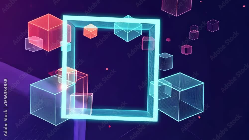 Poster abstract geometric background with isometric digital blocks, evoking the concept of blockchain and m