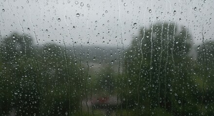 Dripping rain on window pane creating softened outdoor shapes