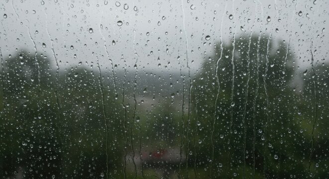 Dripping rain on window pane creating softened outdoor shapes