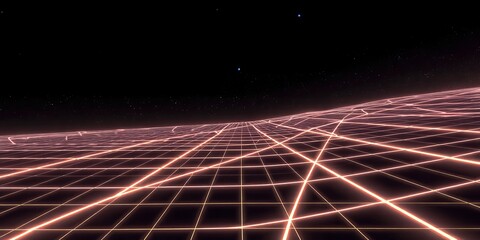 Glowing grid landscape with stars in the dark sky creating a futuristic perspective view