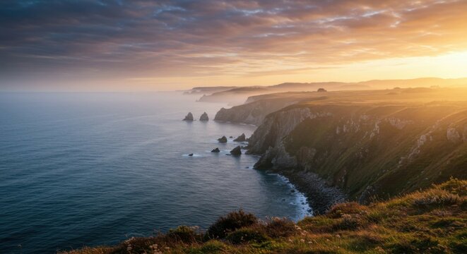 Ocean cliffs at dawn with soft mist and sun rays breaking through
