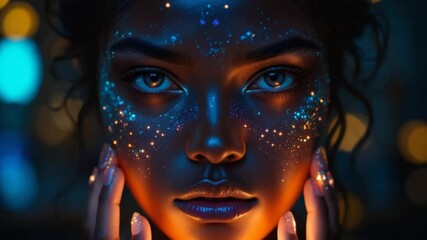 Woman with glowing neon face art design, digital painting, futuristic, fantasy style - Powered by Adobe