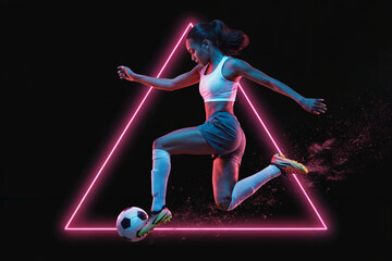 A female soccer player in mid-air, seemingly about to kick a soccer ball. She is wearing a white sports bra, dark shorts, and soccer cleats.