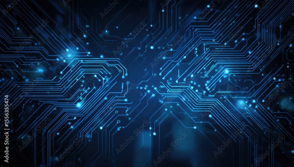 Poster abstract blue circuit board lines converge with a shallow depth of field