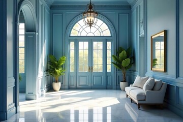 Serene blue foyer, bathed in soft natural light, featuring elegant architectural details and a calming atmosphere Perfect for home decor, interior design, and real estate websites , elegant, house