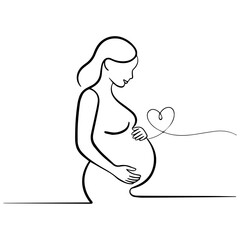 Elegant single line drawing of a pregnant woman holding her belly isolated on transparent background