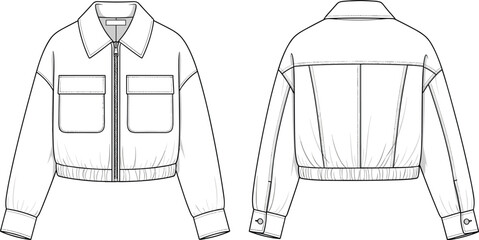 Cropped zip front jacket flat sketch, elastic hem casual outerwear, technical fashion illustration, front back vector view, cad drawing for apparel design