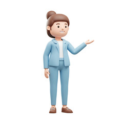 Fototapeta premium Friendly 3d cartoon woman in a blue suit and white shirt presenting something with her open hand isolated on transparent background