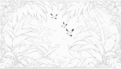 Obraz premium Coloring page of a tropical scene with butterflies and lush leaves