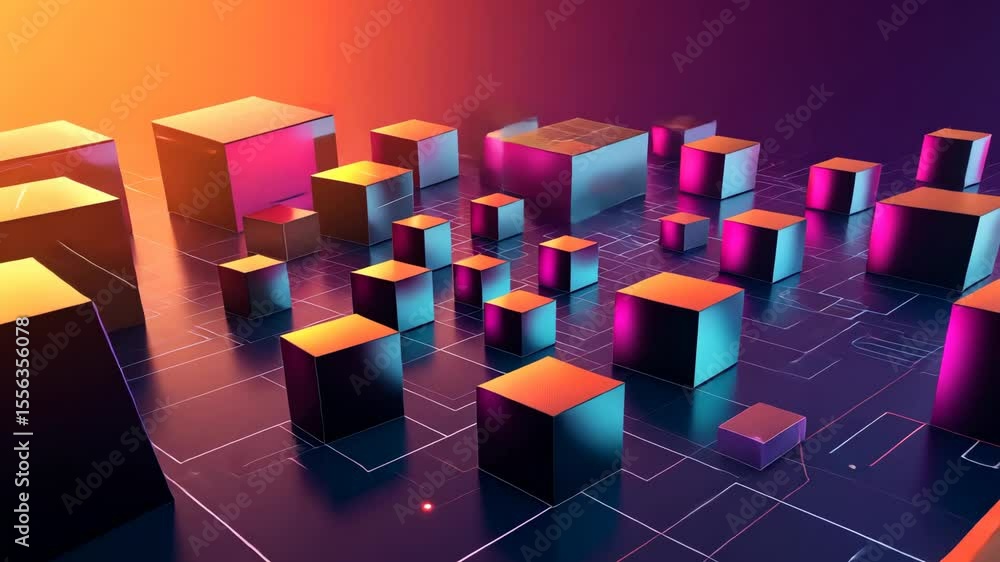 Poster abstract geometric background with isometric digital blocks, evoking the concept of blockchain and m