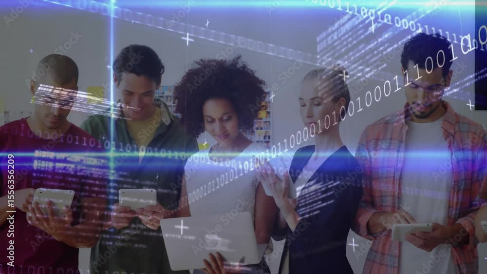 Poster six professionals standing by wall initiating code overlay and tapping devices for streaming data