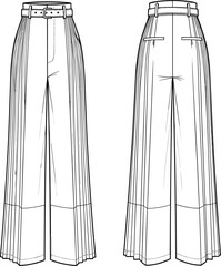 High waisted wide leg pleated trousers with waistband, front and back view, technical fashion cad drawing, flat vector sketch, tailored pants illustration template