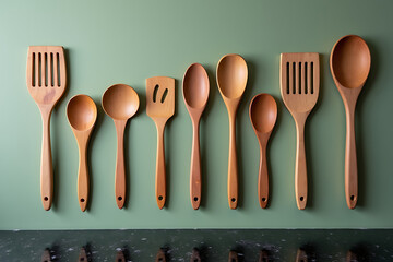 Wooden kitchen tools on black granite with sage green backdrop, AI-generated