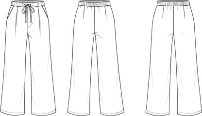 Men’s elastic waist pants front and back, cad drawing flat vector illustration, three style comparison sketch, fashion garment technical design