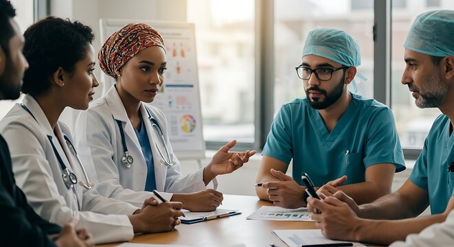 Diverse medical team collaborates during a serious case discussion, sharing insights and strategies.