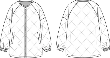 Quilted zip-up jacket fashion flat, technical CAD sketch, front and back view, cozy outerwear design, rib cuff, vector template, garment drawing illustration
