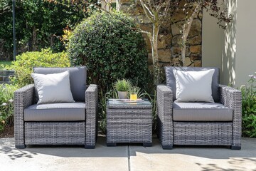 3-piece outdoor wicker patio furniture set with grey cushions and side table in weathered grey finish