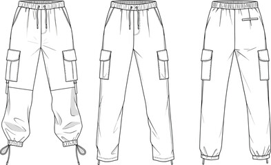 Men’s jogger pants with triangle logo front side back, cad drawing flat vector illustration, elastic hem, diagonal seam detail sketch