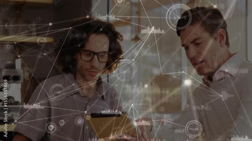 Poster business colleagues tapping tablet and initiating transparent chart overlay while connecting nodes